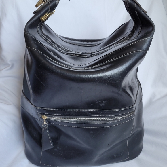 Quality Lg Black Leather Top Load Carry All Travel Bag Vtg Aero Zippers OOAK - Picture 1 of 16